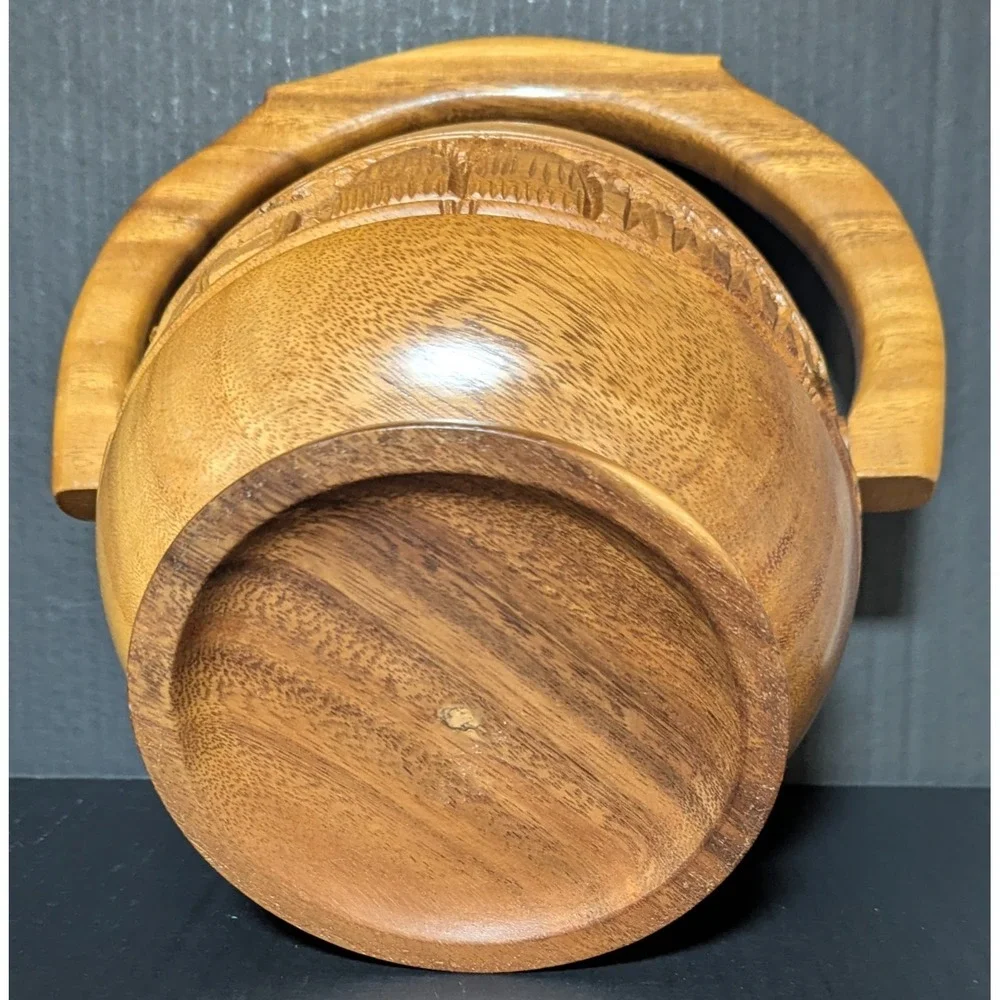 Vintage Hand Carved Teak‎ Wood Bucket With Handle Rural Farming Scene
